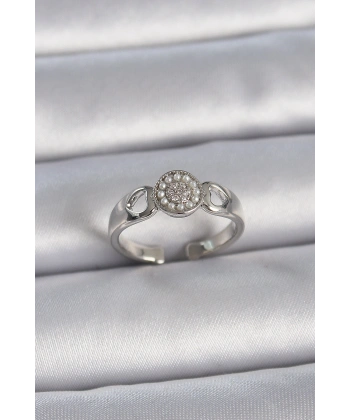 Pirinç Gümüş Renk Zirkon Taşlı İncili Kalp İşleme Detay Ayarlanabilir Model Kadın Yüzük