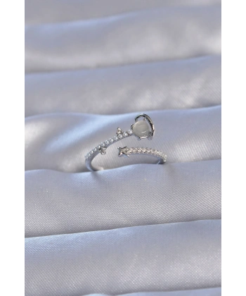 Pirinç Gümüş Renk Zirkon Taşlı İncili Satürn Model Ayarlanabilir Yüzük