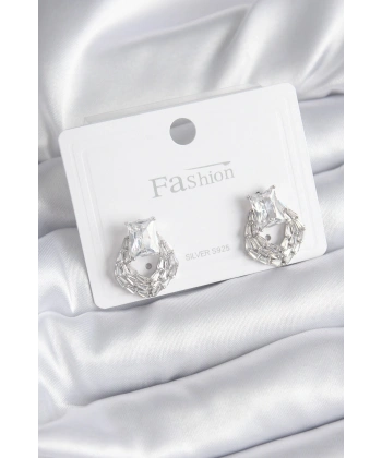 Pirinç Gümüş Renk Zirkon Taşlı Kadın Küpe