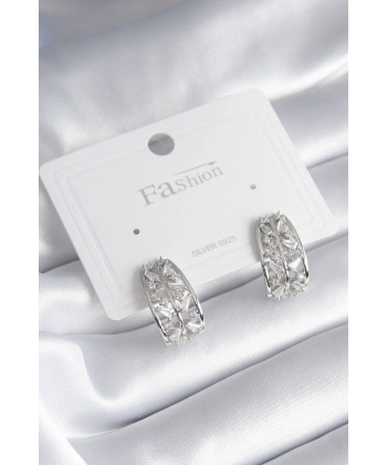 Pirinç Gümüş Renk Zirkon Taşlı Kadın Küpe