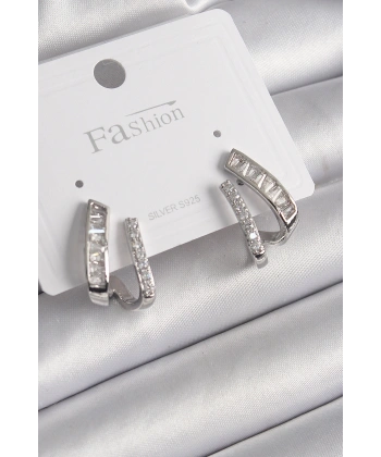 Pirinç Gümüş Renk Zirkon Taşlı Kadın Küpe