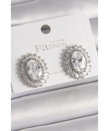 Pirinç Gümüş Renk Zirkon Taşlı Kadın Küpe