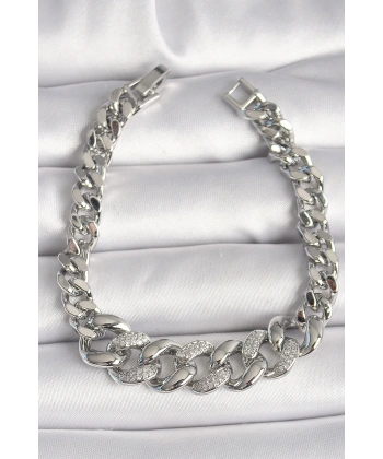 Pirinç Gümüş Renk Zirkon Taşlı Kalın Halka Model Kadın Bileklik