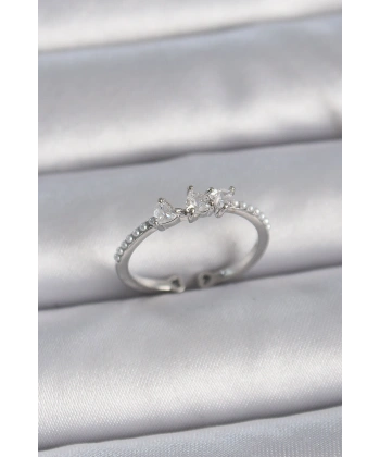 Pirinç Gümüş Renk Zirkon Taşlı Kalp İnci Detay Ayarlanabilir Model Kadın Yüzük