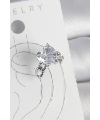 Pirinç Gümüş Renk Zirkon Taşlı Kalp Model Kadın Kıkırdak Küpe