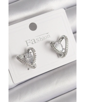 Pirinç Gümüş Renk Zirkon Taşlı Kalp Model Kadın Küpe
