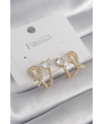 Pirinç Gümüş Renk Zirkon Taşlı Kalp Model Kadın Küpe