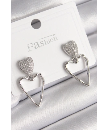 Pirinç Gümüş Renk Zirkon Taşlı Kalp Model Kadın Küpe