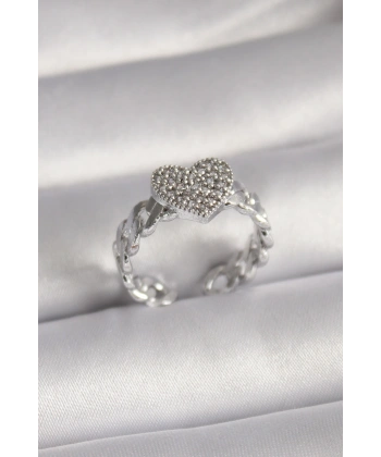 Pirinç Gümüş Renk Zirkon Taşlı Kalp Model Kadın Yüzük