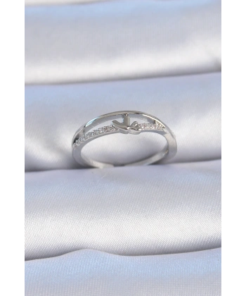 Pirinç Gümüş Renk Zirkon Taşlı Kalp Model Kadın Yüzük