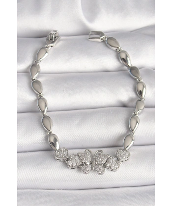 Pirinç Gümüş Renk Zirkon Taşlı Kelebek Figür Damla Zincir Model Kadın Bileklik