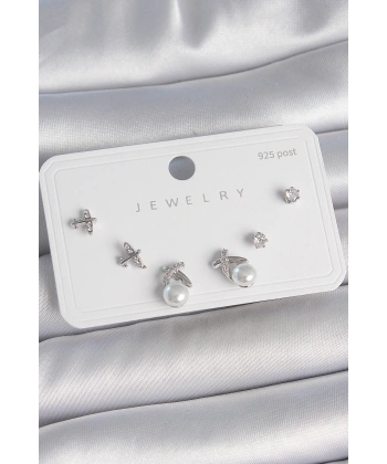 Pirinç Gümüş Renk Zirkon Taşlı Kelebek Model İnci Detay 925 Ayar Gümüş Çivi Kadın Küpe Seti