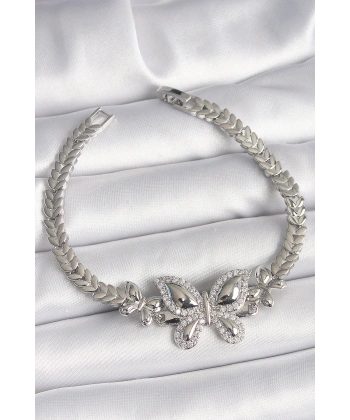 Pirinç Gümüş Renk Zirkon Taşlı Kelebek Model Kadın Bileklik