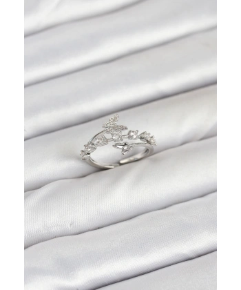 Pirinç Gümüş Renk Zirkon Taşlı Kelebek Model Kadın Yüzük