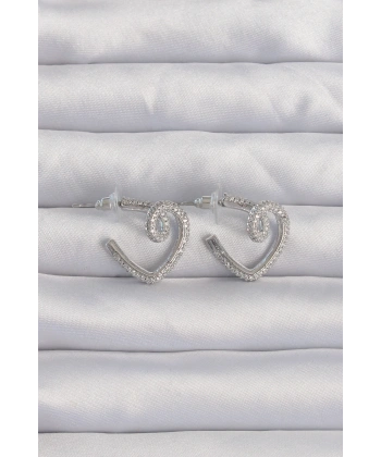 Pirinç Gümüş Renk Zirkon Taşlı Kıvrımlı Yarım Kalp Küpe