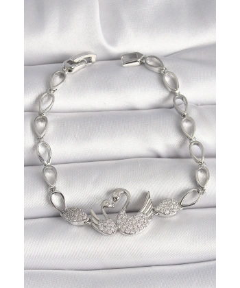 Pirinç Gümüş Renk Zirkon Taşlı Kuğu Figür Damla Zincir Model Kadın Bileklik