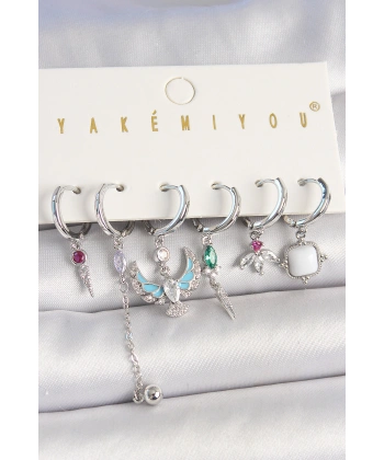 Pirinç Gümüş Renk Zirkon Taşlı Kuş Figür Çiçek Detay 6Lı Kadın Kombin Küpe