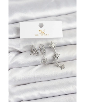 Pirinç Gümüş Renk Zirkon Taşlı Kutup Yıldızı Model YSX Trio Küpe Seti