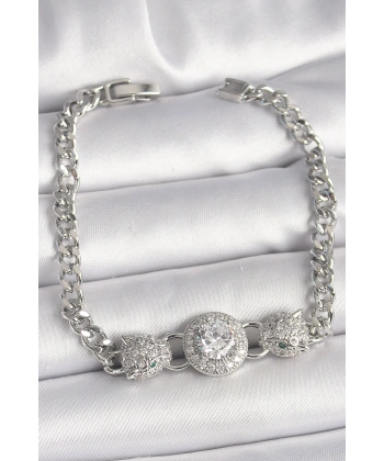 Pirinç Gümüş Renk Zirkon Taşlı Leopar Figür Zincir Model Kadın Bileklik