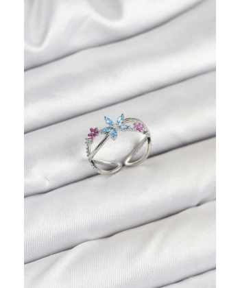Pirinç Gümüş Renk Zirkon Taşlı Mavi Çiçekli Kadın Yüzük