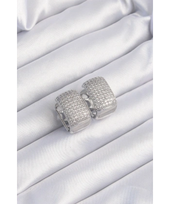 Pirinç Gümüş Renk Zirkon Taşlı Minimal Halka Küpe