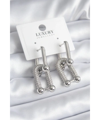 Pirinç Gümüş Renk Zirkon Taşlı Model VIP Seri Kadın Küpe