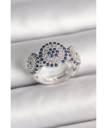 Pirinç Gümüş Renk Zirkon Taşlı Nazar Boncuk Model Ayarlanabilir Kadın Yüzük