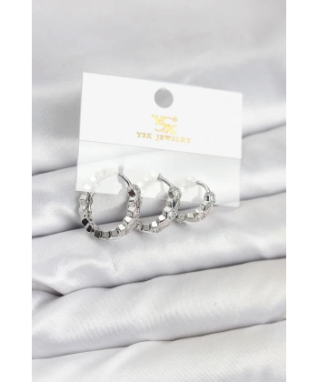 Pirinç Gümüş Renk Zirkon Taşlı Petek Halka Model YSX Trio Küpe Seti