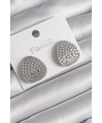 Pirinç Gümüş Renk Zirkon Taşlı Plaka Model Kadın Küpe