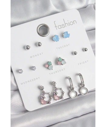 Pirinç Gümüş Renk Zirkon Taşlı Sallantı Halka Model Çiçek Detay 7 Çift Kadın Küpe Seti