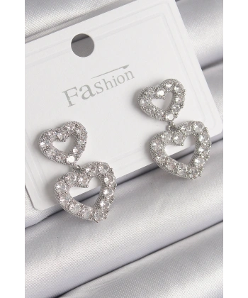 Pirinç Gümüş Renk Zirkon Taşlı Sallantı Kalp Model Kadın Küpe