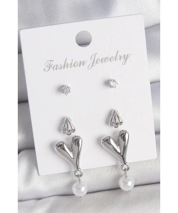 Pirinç Gümüş Renk Zirkon Taşlı Sallantılı Kalp Model 3 Çift Kadın Küpe Seti