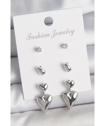 Pirinç Gümüş Renk Zirkon Taşlı Sallantılı Kalp Model 3 Çift Kadın Küpe Seti
