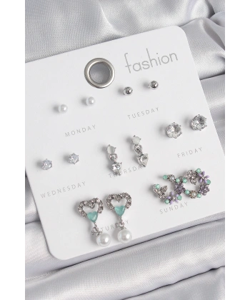 Pirinç Gümüş Renk Zirkon Taşlı Sallantılı Kalp Model Çiçek Detay 7 Çift Kadın Küpe Seti