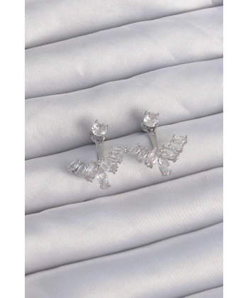 Pirinç Gümüş Renk Zirkon Taşlı V Model Küpe