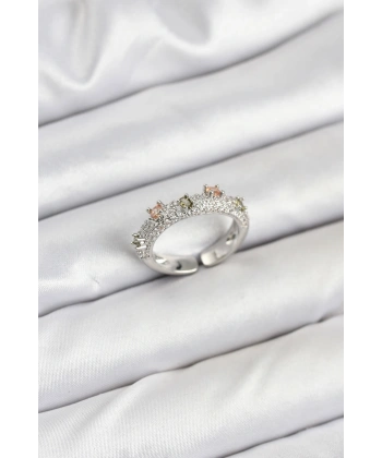 Pirinç Gümüş Renk Zirkon Taşlı Vintage Kadın Yüzük