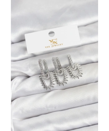 Pirinç Gümüş Renk Zirkon Taşlı Vintage Model YSX Trio Küpe Seti
