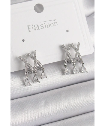 Pirinç Gümüş Renk Zirkon Taşlı X Model Sallantı Detay Kadın Küpe