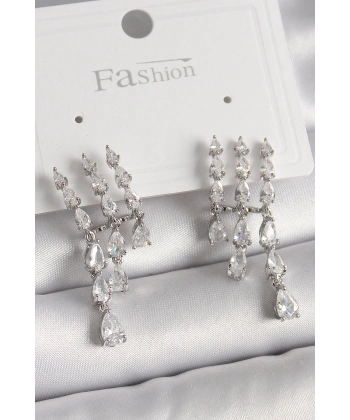 Pirinç Gümüş Renk Zirkon Taşlı Yağmur Model Kadın Küpe