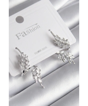 Pirinç Gümüş Renk Zirkon Taşlı Yaprak Model Kadın Küpe