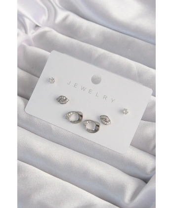 Pirinç Gümüş Renk Zirkon Taşlı Yaprak Model Küpe Seti