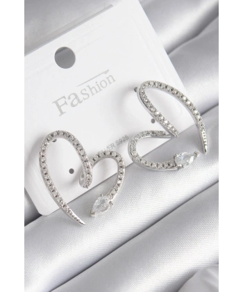 Pirinç Gümüş Renk Zirkon Taşlı Yılan Kalp Model Kadın Küpe