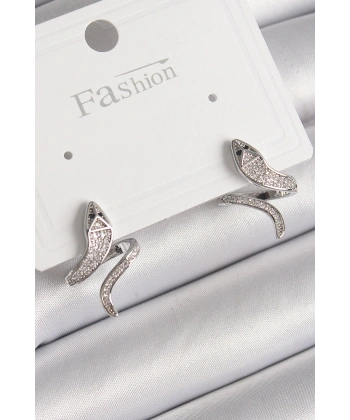 Pirinç Gümüş Renk Zirkon Taşlı Yılan Model Kadın Küpe