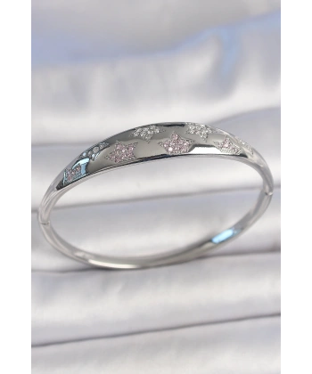 Pirinç Gümüş Renk Zirkon Taşlı Yıldız İşlemeli Kadın Kelepçe