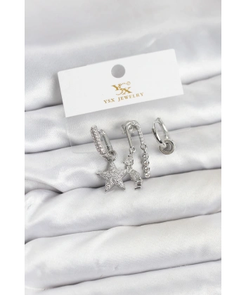 Pirinç Gümüş Renk Zirkon Taşlı Yıldız Vintage Model YSX Trio Küpe Seti