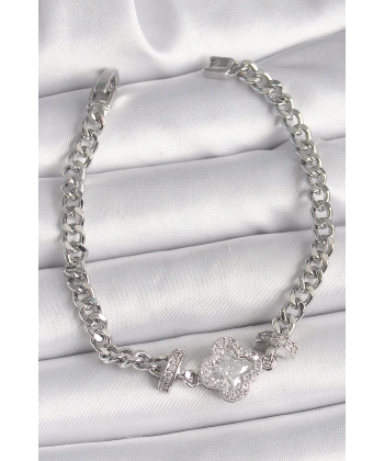 Pirinç Gümüş Renk Zirkon Taşlı Yonca Figür Zincir Model Kadın Bileklik