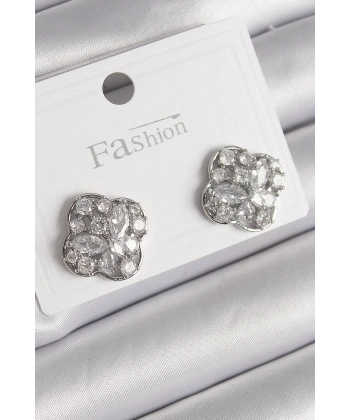 Pirinç Gümüş Renk Zirkon Taşlı Yonca Model Kadın Küpe