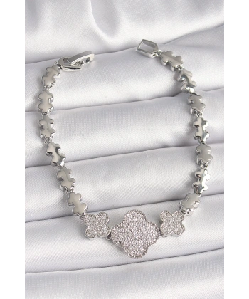 Pirinç Gümüş Renk Zirkon Taşlı Yonca Model Zincir Model Kadın Bileklik