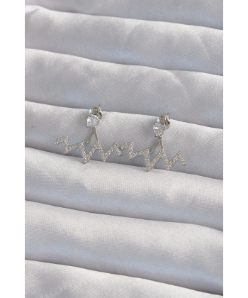 Pirinç Gümüş Renk Zirkon Taşlı Zikzak Küpe