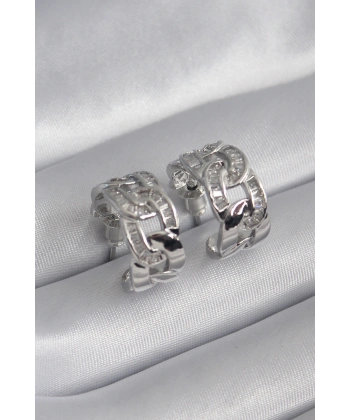 Pirinç Gümüş Renk Zirkon Taşlı Zincir Model Kadın Küpe